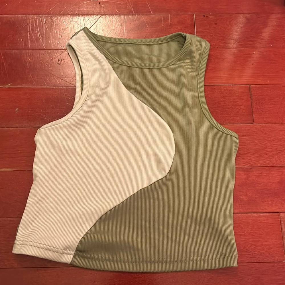 Cropped fits tight like xs SHEIN Olive Green and Cream Two-Tone Ribbed Tank Top